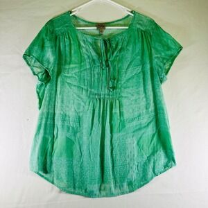 COMO Vintage Green Patchwork Lightweight Short Sleeve Peasant Top Womens XL